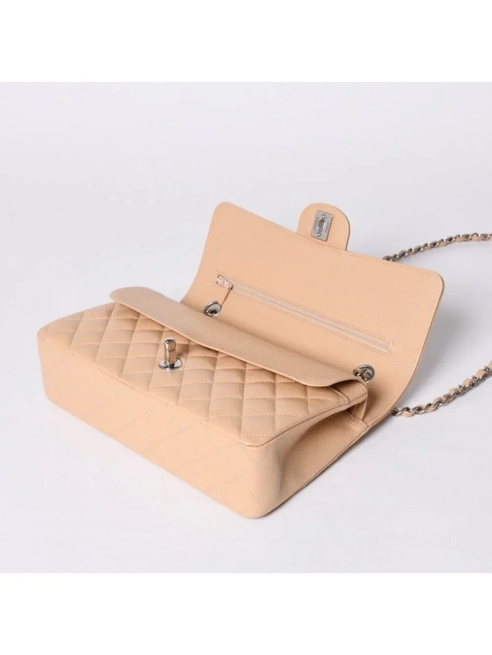 Chanel Quilted 25 Double Flap Chain Shoulder Bag Caviar Leather Beige Gold